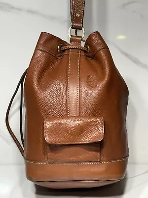 VTG RARE Longchamp Convertible Brown Leather Shoulder Sling Drawstring Bucket Ba • $85