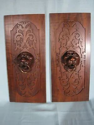 Antique Pair Of Carved Walnut Cabinet Door Panels Gothic Lion Heads French? • $189.99