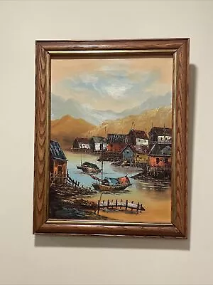 Boats Nautical P. WONG Oil On Canvas Framed Painting Colorful Harbor 12”x 18” • $75