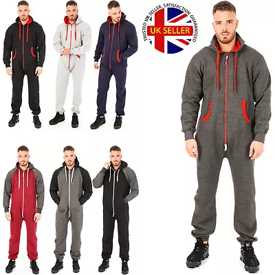 Mens All In One Pyjamas Unisex Plain Zipper 1Onesie Fleece Hooded Jumpsuit Adult • £21.99