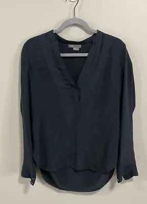 Vince Half Placket Tuxedo Silk Blouse Navy 100% Silk V-Neck Size XS • $49.99