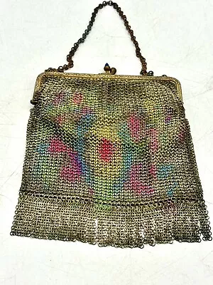 Antique Woven Chain Mesh Purse Floral Dyed Sapphire Blue Crystal Closure Germany • $46.75