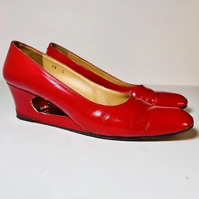 Vintage Andrew Geller Red Patent Leather Wedge Cut Out Heel Pumps Shoes Sz 9.5 N • $19.97