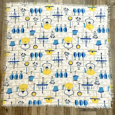 Vintage 50s Handmade Cotton Tablecloth Kitchen Yellow Teapot Blue Cups 33” X 33” • $22.50