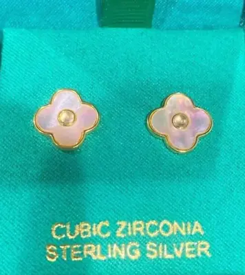 Charlotte Lexi 14K Gold/Sterling Silver Mother Of Pearl Clover/CZ Stud Earrings • $16