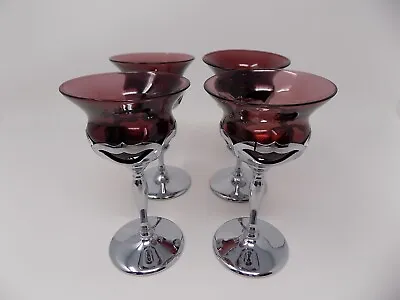 4 Farberware Chrome W/ Cambridge Glass Amethyst Inserts - 5.75  Cocktail Goblets • $42.49