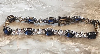 $28.99 • Buy RJ 925 Sterling Silver Sapphire & CZ Tennis Bracelet -7 -7.5  Wrist-Beautiful