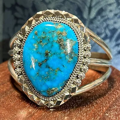 Signed Leslie Nez Huge Deep Blue Freeform Turquoise 925 Sterling Cuff • $649