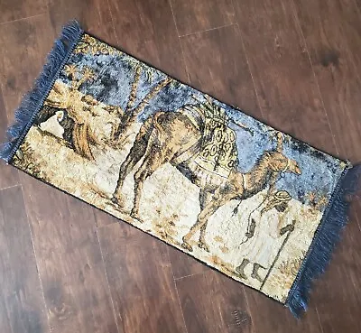 Vintage  Middle Eastern Camel Desert Blue Tapestry Rug Wall Hanging 39” X 20.5” • $45