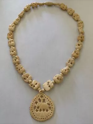 Vintage Faux Ivory Carved Celluloid/Plastic Elephant Pendant Necklace • $20