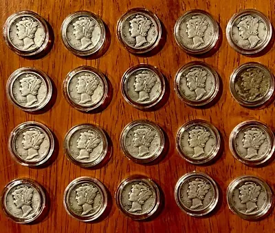 Lot Of 20 US Silver Mercury Dimes Full Mixed Various Dates In Plastic Capsules • $56