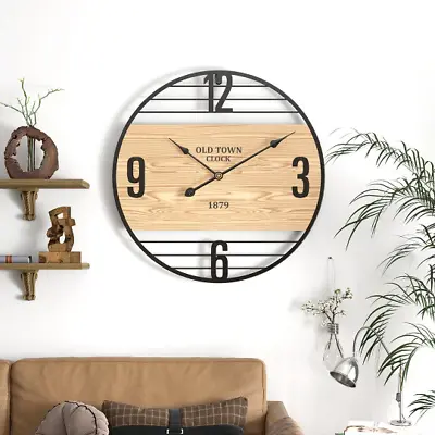 Metal Wooden Oak Effect Wall Clock 50cm | Large Retro Modern Wooden Wall Clock • $47.23