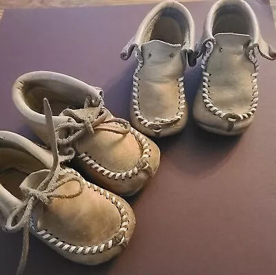 Vintage Toddler Kids Leather Moccasins Lot Of 2 Circa 1955 Laces Hand Stitched • $9