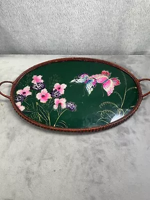 Vintage Wicker Glass Pressed Flower Butterfly Oval Tray • $99.98