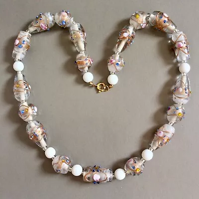 Vintage Venetian Murano White Glass Roses Wedding Cake Necklace • £20