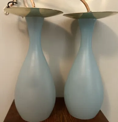 2 Vintage 50s 60s MCM AQUA Glass Pendant Hanging Moe Light Lamp Ceiling Fixtures • $272