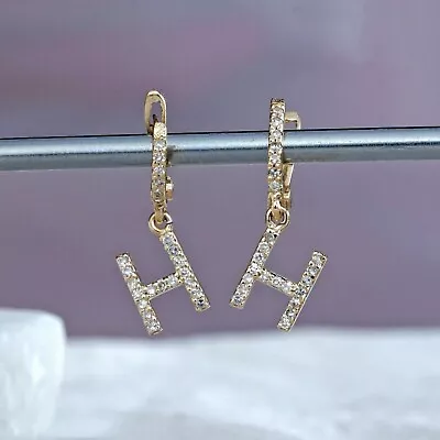 Solid 14k Yellow Gold Pave Natural Diamond H Huggie Hoop Earrings Fine Jewelry • $677.82