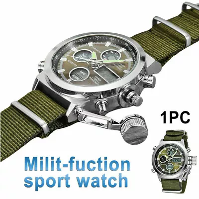 Men Military Wrist Watch Army Green Analog Digital Quartz Nylon Canvas US Stock • $16.99