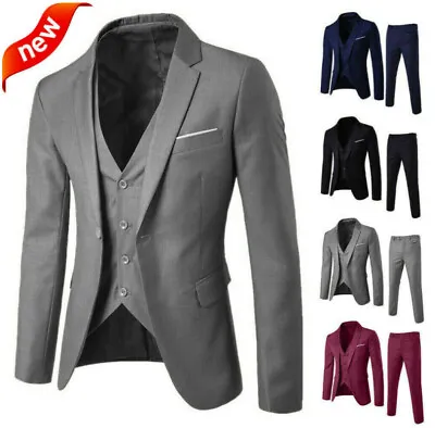 Men’s Suit Slim 3-Piece Suit Blazer Business Wedding Party Jacket Vest & Pants ~ • £29.38