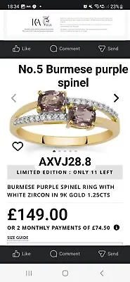 Burmese Purple Spinel 1.25cts White Zircon 9k Gold Ring Size P • £60