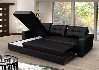 Black Corner Sofa Bed With Storage Faux Leather. Universal Corner Double Bed • £649