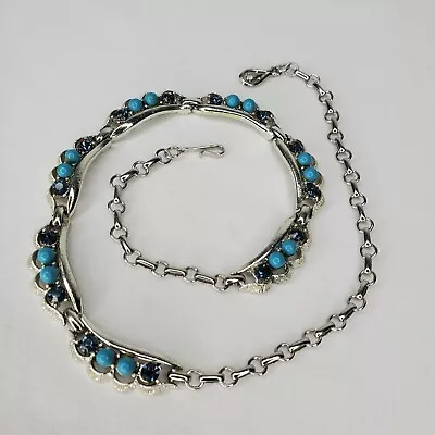 Vintage Coro Silver Tone Necklace Turquoise Tone Beads Blue Rhinestones Signed • $29.75