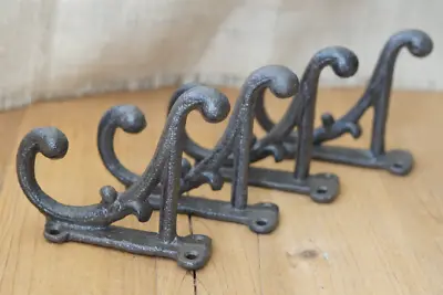 4 Brown Rustic Coat Hooks Antique Style Cast Iron 4.5  Wall Double Restoration ! • $22.99