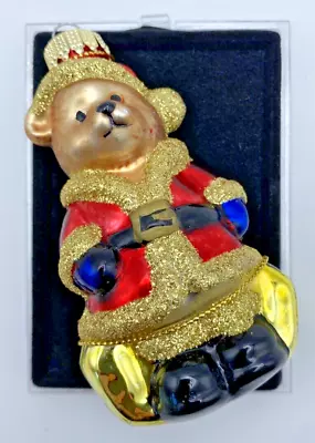 Teddy Bear Santa Gold Chair Glass Ornament 4  Tall + Plastic Display Case • $9.95