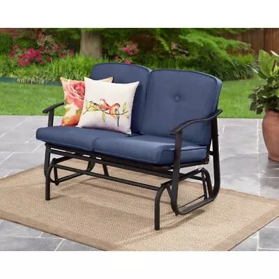 2 Person Outdoor Patio Glider Bench W/ Blue Cushions Backyard Pool Seating • $259.99