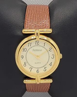 Mens Armitron Dress Classic Gold Tone Brown Leather Strap Watch 20/2482 K5 • $22.99