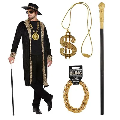 Black Pimp Adult Costume Fancy Dress Halloween Party Outfit Gangster Pimp Stick • £28.14