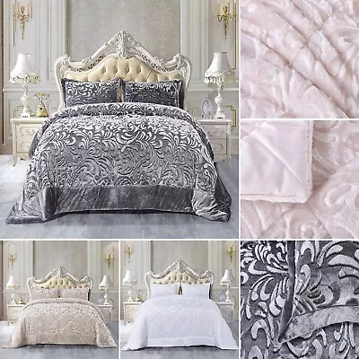 Modern 3Pcs Bedspread Embossed Velvet Quilted Fleece Comforter With Pillow Shams • £47.69