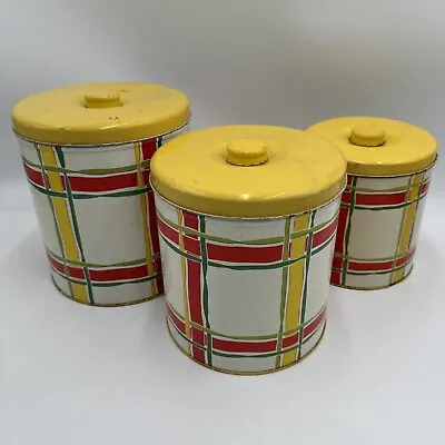 ‘50's Decoware Canisters Set/3 Vintage Tin Lidded Chippy Canisters Yellow Plaid • $39.20