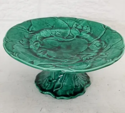 Superb Antique  English Majolica Lotus Green  Leaf & Flowers Tazza Compote D 9” • $295