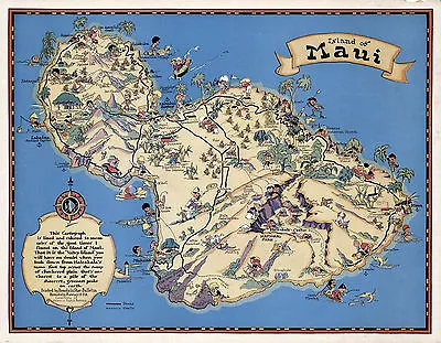 Vintage Maui Map Print Wall Art Historical Pictorial Hawaiian Island Poster Repr • $21.95