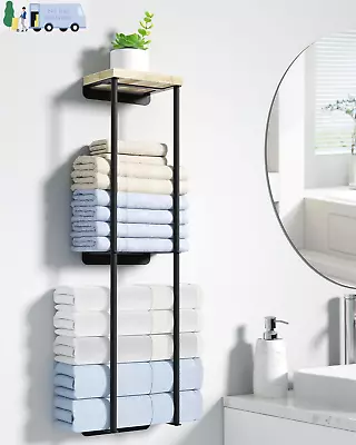 Towel Racks For Bathroom 2 Tier Wall Towel Holder With Wood Shelf Metal Wall T • $37.82