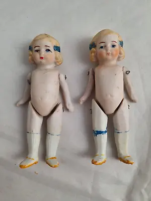 Lot: Vintage All Bisque Twin Dolls Molded Blue Bows + Shoes Japan 1920s-1930s #3 • $48