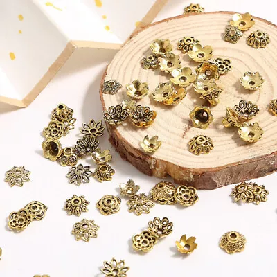 50pcs Flower Shape Antique Gold Loose Metal Bead Caps Spacer Beads Bulk Lot • £2.70