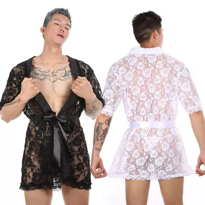 New Sissy Male Robe Lace Sexy Lingerie With Underpants Sleepwear Mens Nightwear • $14.79