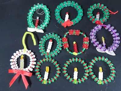 10 Vintage Homemade Plastic Beaded Christmas Wreaths Candle Ornaments Lot  B9101 • $6.51