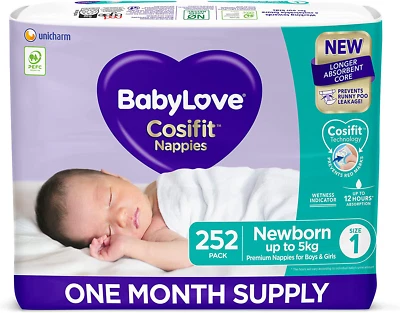 $141.33 • Buy Babylove Cosifit Nappies, Size 1 (0-5Kg) One Month Supply (3 Packs Of 84, 252 Na