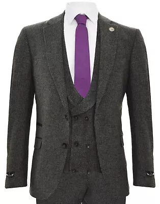 Mens Grey 3 Piece Tweed Suit Vintage Harringbone 1920s Retro Peaky Blinders • $229.99