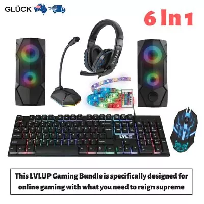 LVLUP 6 In 1 Wired Gaming Keyboard Mouse Speaker Mic Bundle Set RGB Strip Light • $151.09