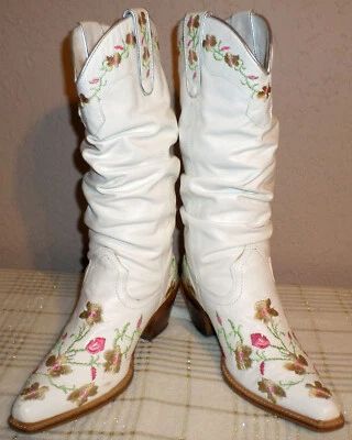 $99.99 • Buy Women's Size 7 White Supple Leather Very Fancy Embroidery Cowboy Boots EUC