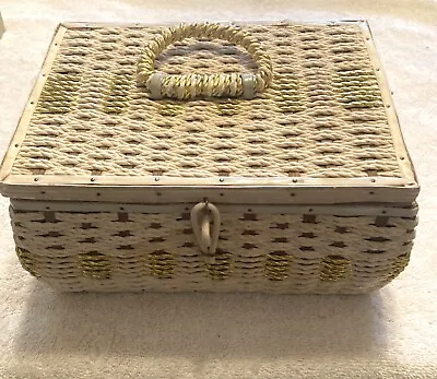 Wicker Sewing Basket Gold & White W/ Gold Liner 9” X 6” X 5” Contents Included. • $7.50