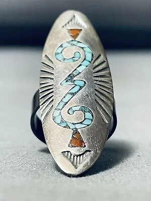 Taller Vintage Navajo Turquoise Coral Sterling Silver Inlay Ring Old • $198.15