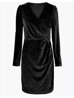 Marks & Spencer Black Devore Velvet Ruched Bodycon Dress 14 Petite • $24.88