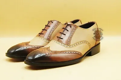 Handmade Mens Two Tone Brown Brogue Wingtip Shoes Oxford Lace Up Formal Men Shoe • £139.99