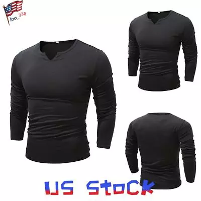 Mens V Neck Long Sleeve T Shirts Muscle Slim Fit Sport Gym Casual Tops Basic Tee • $17.09