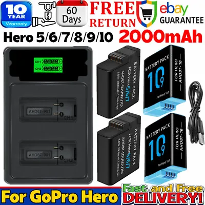 2x 2000mAh Battery / Charger For GoPro Hero 5 Hero 6 7 8 Hero 9 10 Camera Sets • $56.99